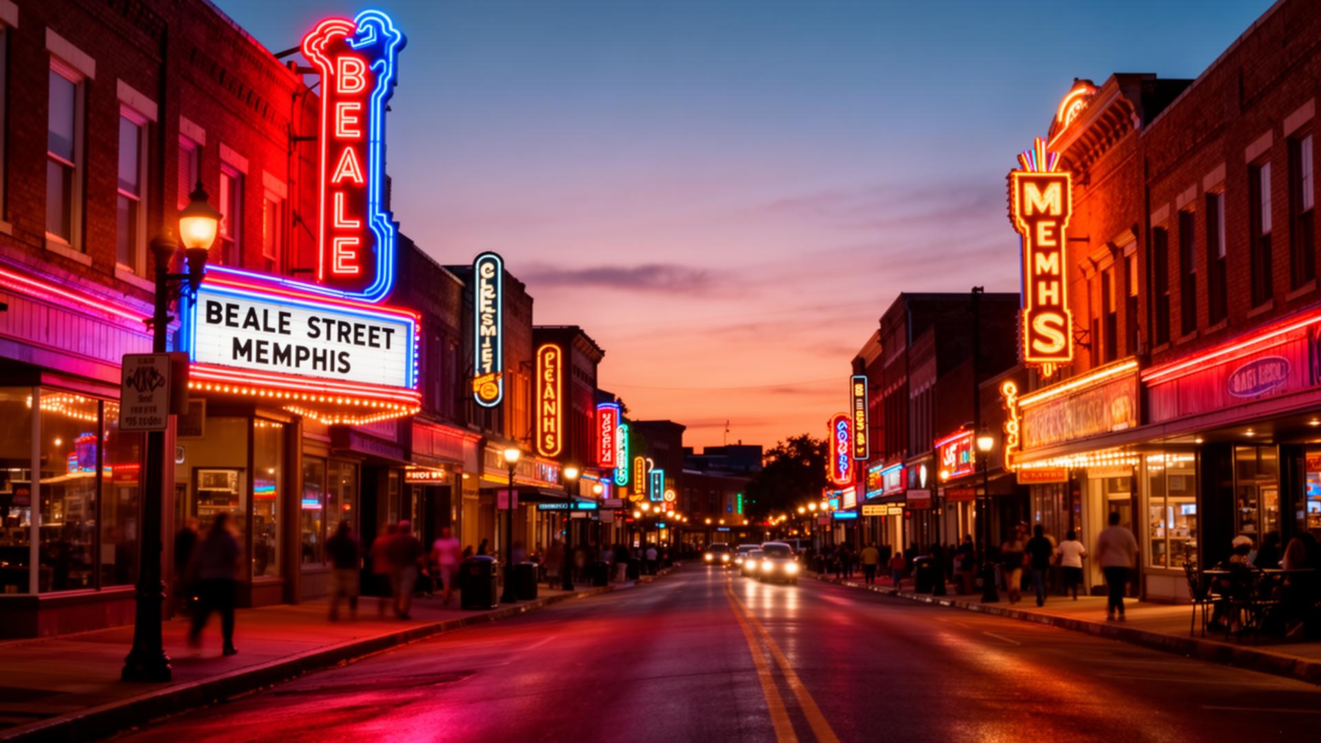 Beale Street neon signs at dusk, Memphis